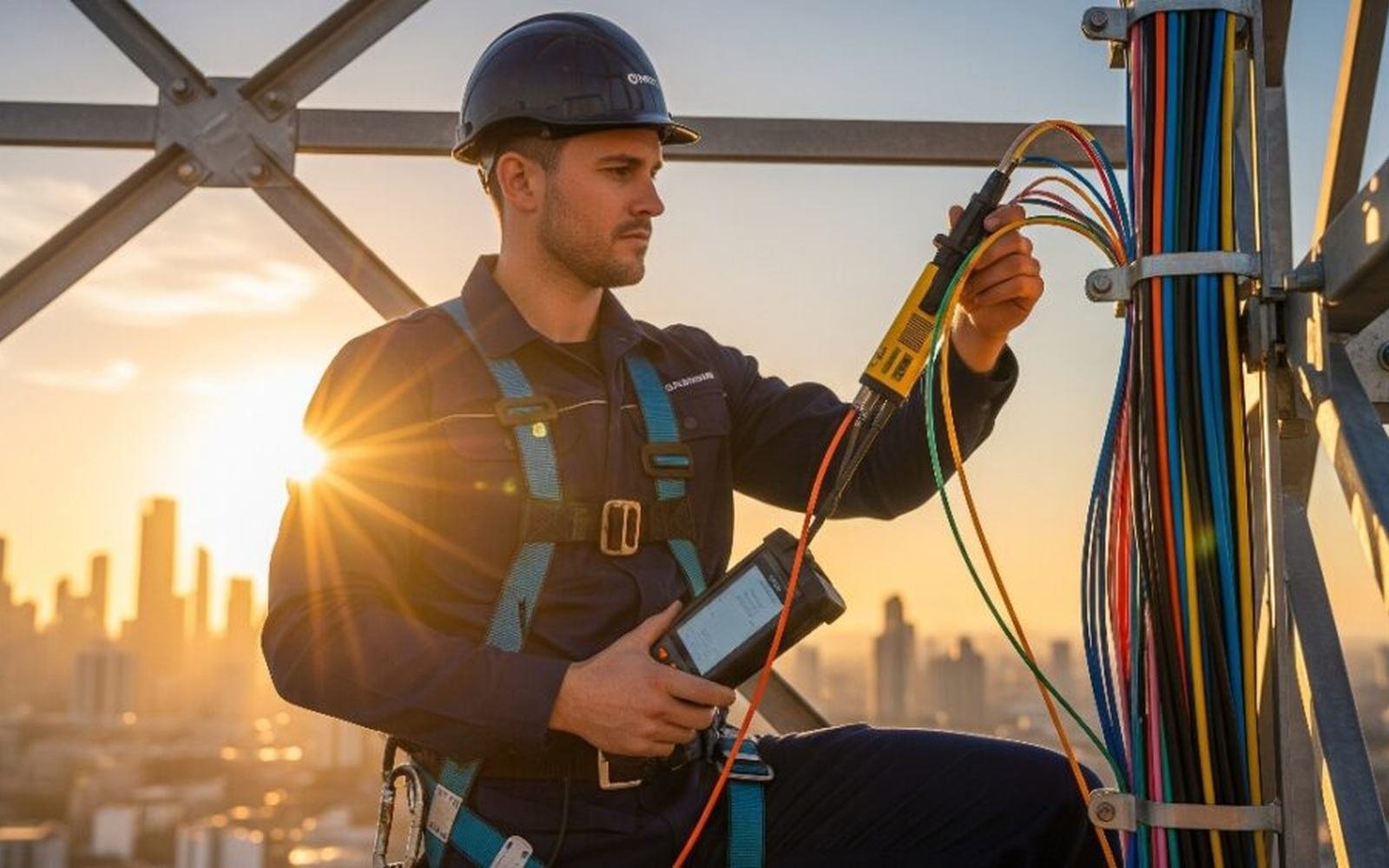 Telecommunications technician working on network infrastructure